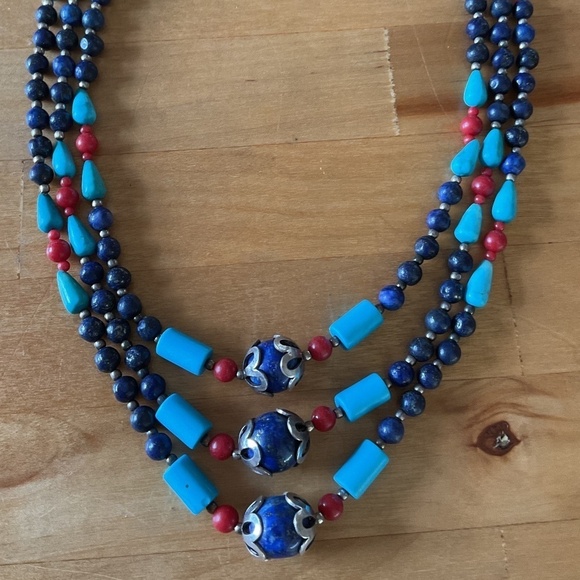 vintage multi strand necklace Lapis lazuli/Turquose/ Red coral - Picture 1 of 9